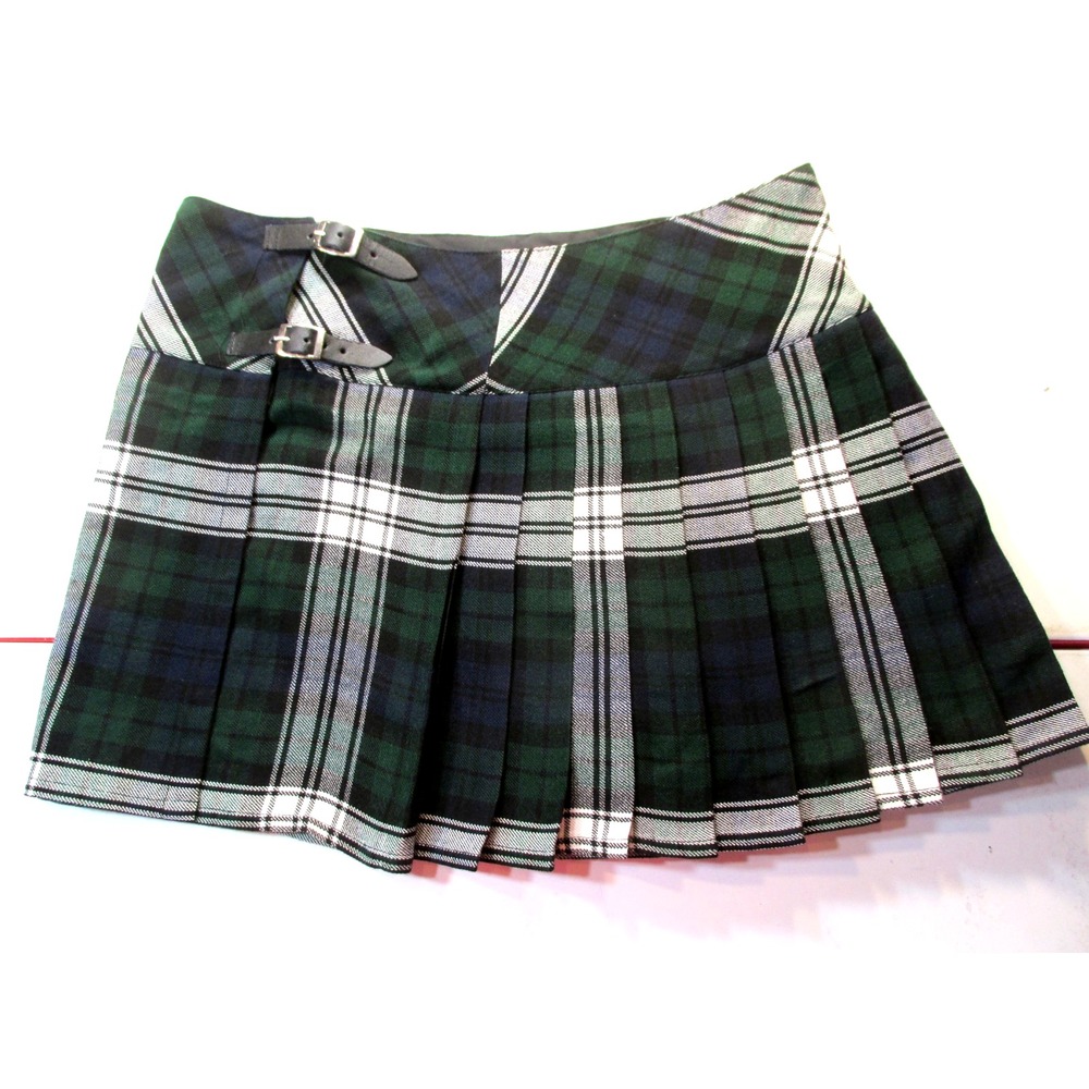 Scottish Design Tartans Women 34 Green Plaid Wool Pleated Kilt Skirt Buckles
